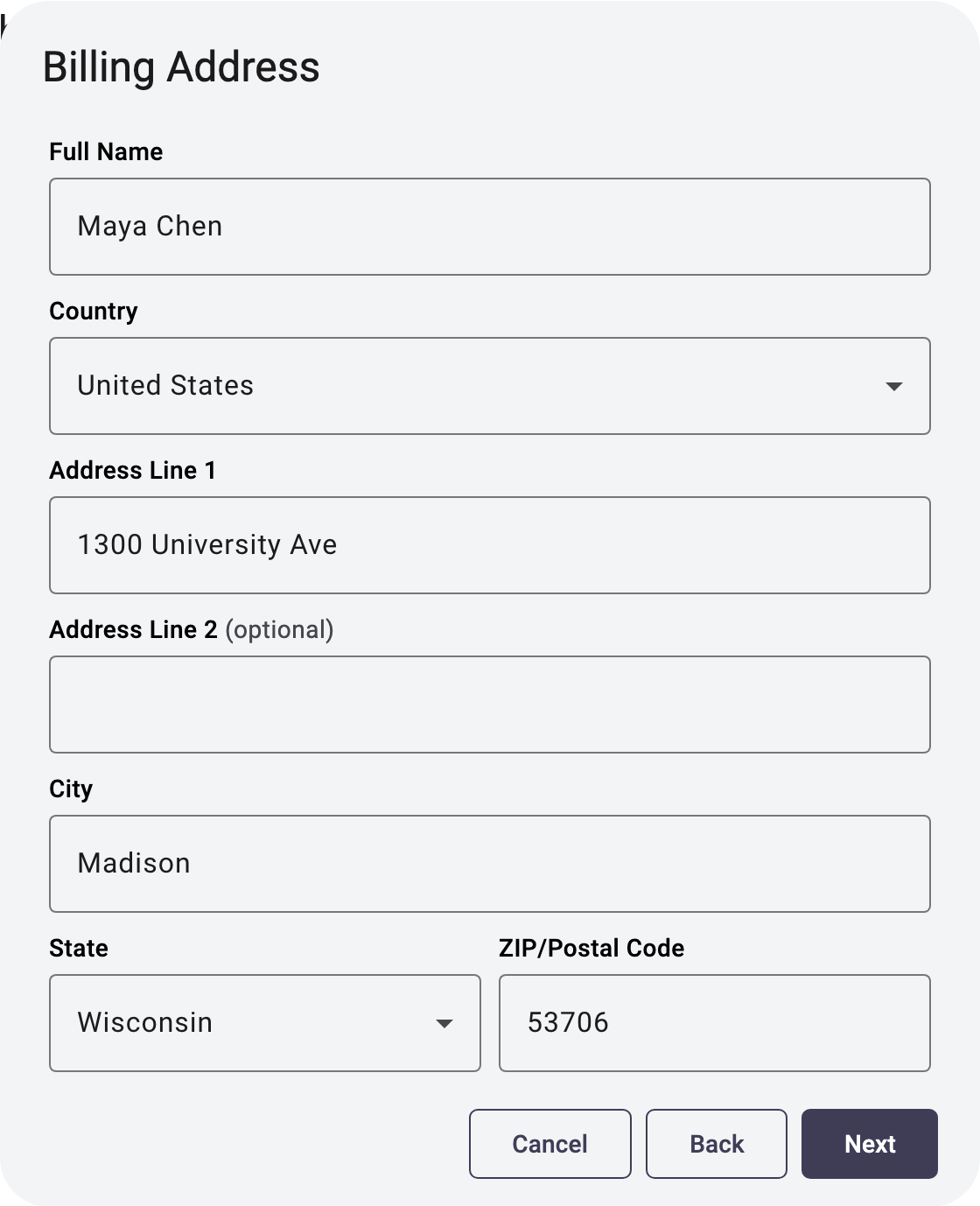 The Billing Address step of the add credit card dialog