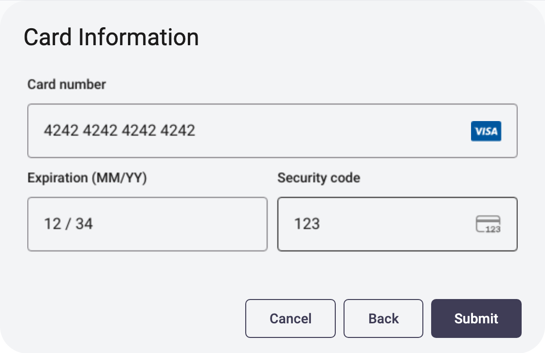 The Card Information step of the add credit card dialog