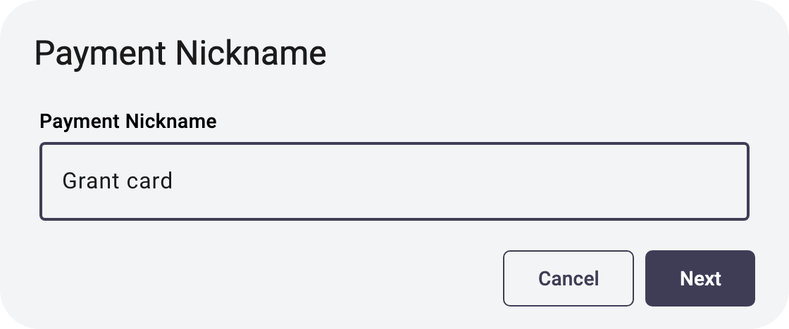 The Payment Nickname step of the add credit card dialog
