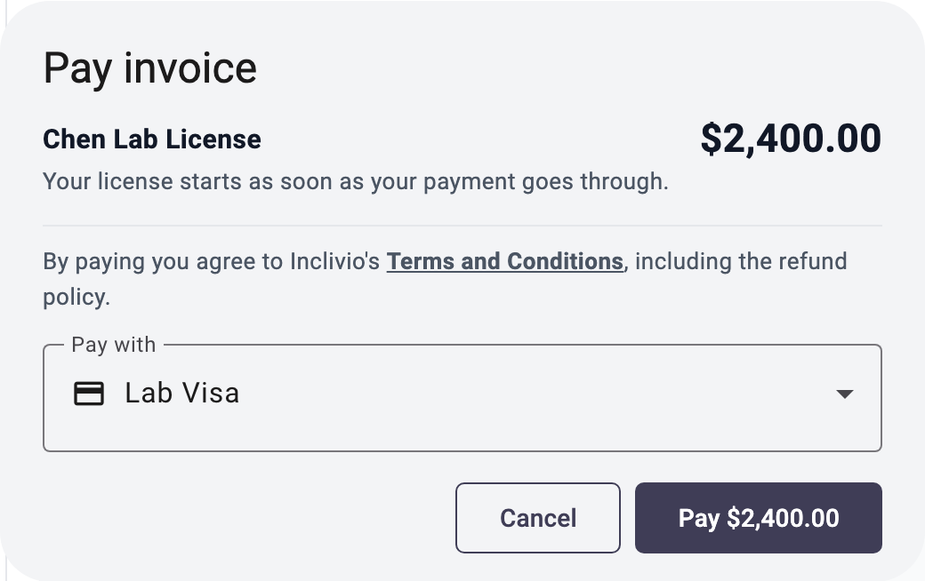 The Pay invoice dialog, with a saved card chosen and the amount on the Pay button