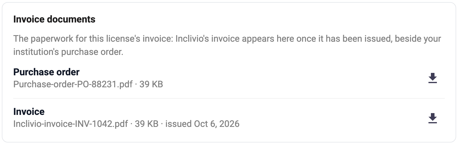 The Invoice documents section, with a purchase order and an invoice ready to download
