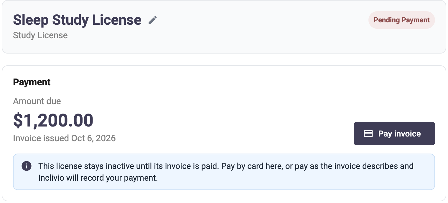 The Payment section of a license pending payment, showing the amount due and a Pay invoice button