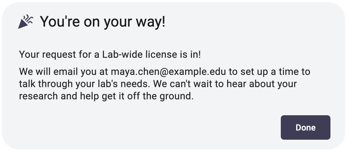 The confirmation that a Lab-wide license request has been sent