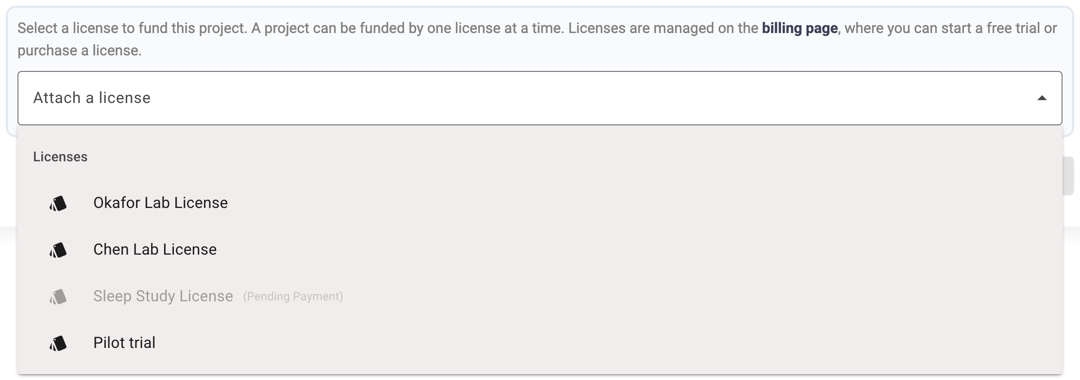 The license list on a project's Funding tab, with one license greyed out as Pending Payment