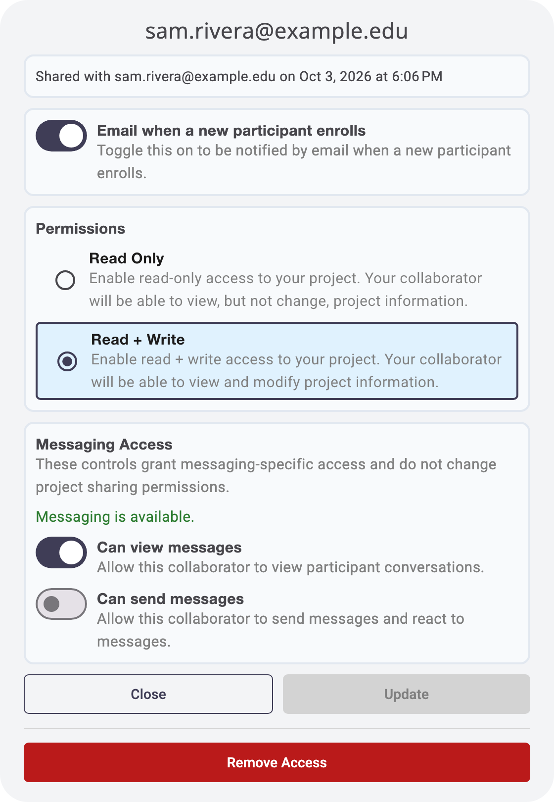A collaborator's sharing settings, with the Update and Remove Access buttons