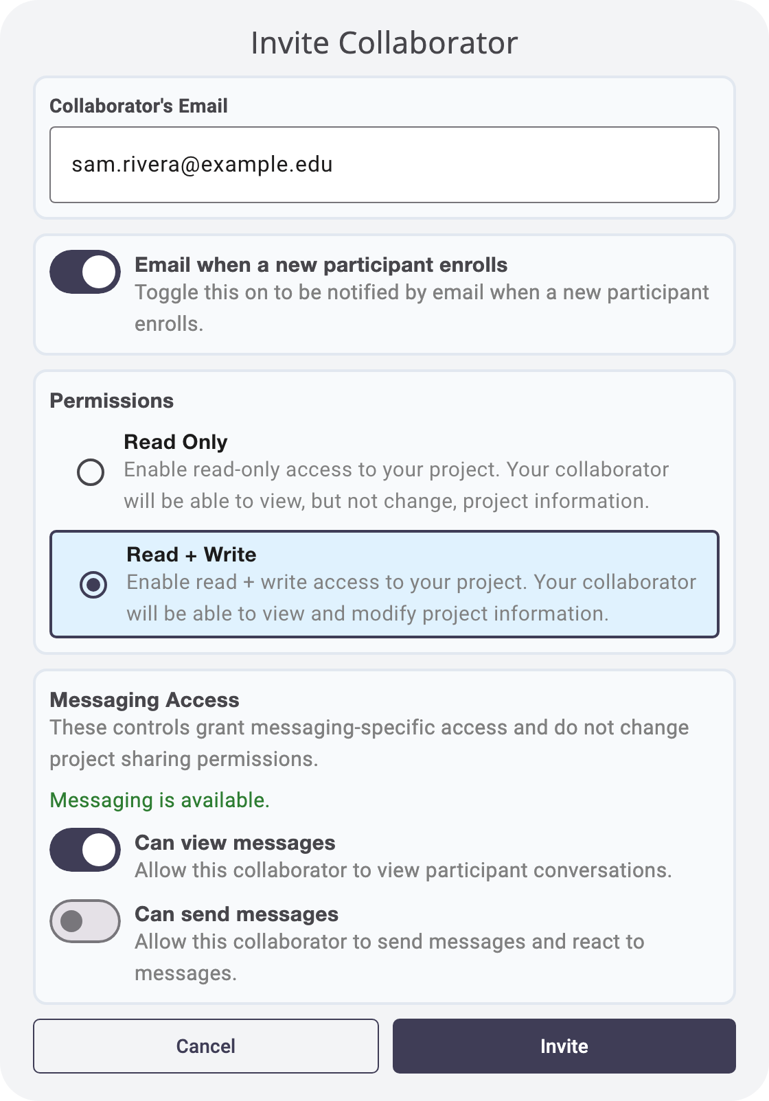 The Invite Collaborator form with Read + Write permissions selected