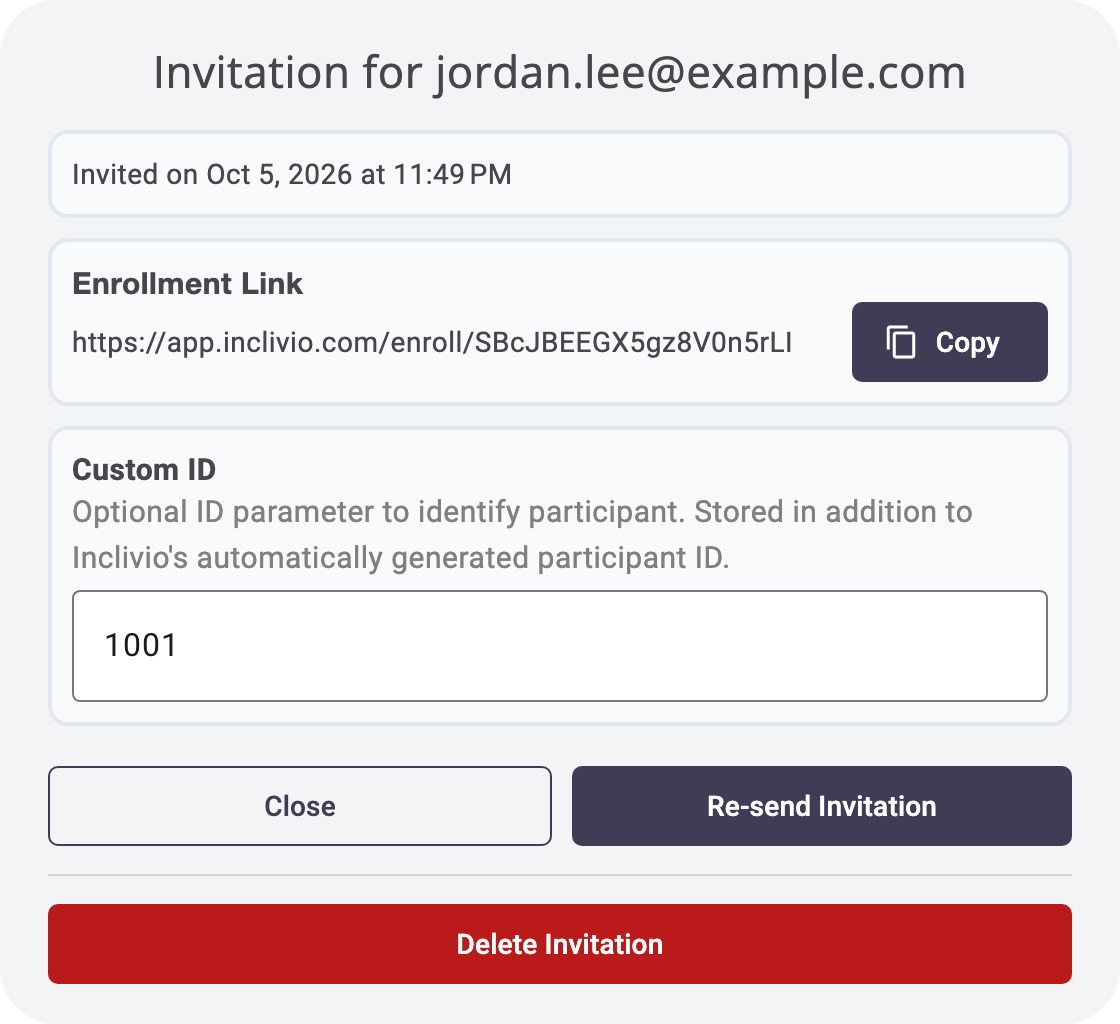 A sent invitation showing its enrollment link and the Delete Invitation button