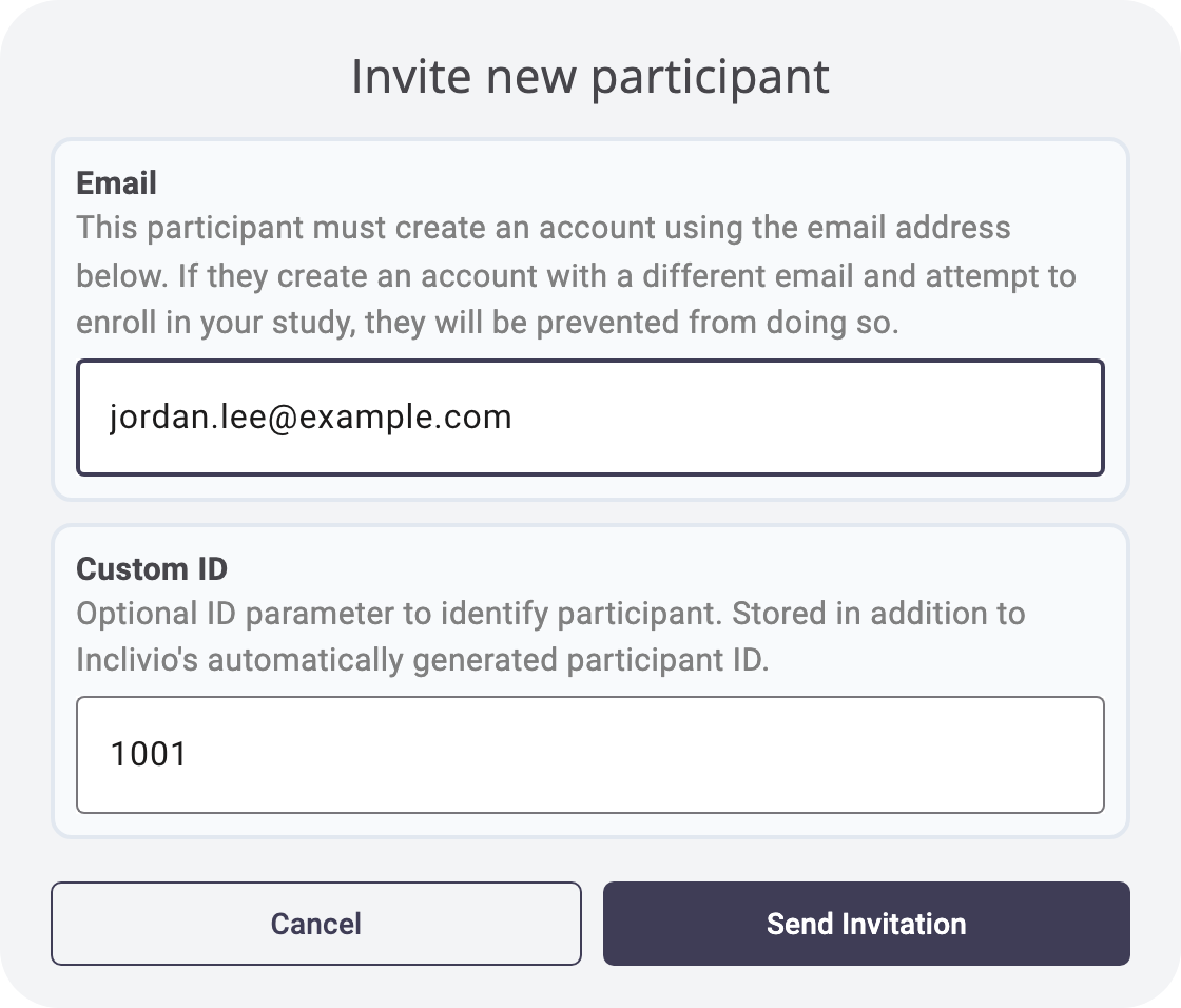 The Invite new participant form with an email address and Custom ID entered