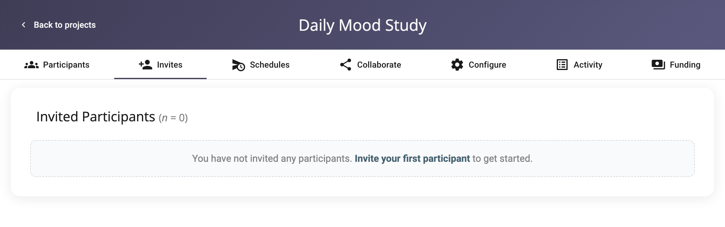 The Invites tab with the Invite your first participant link