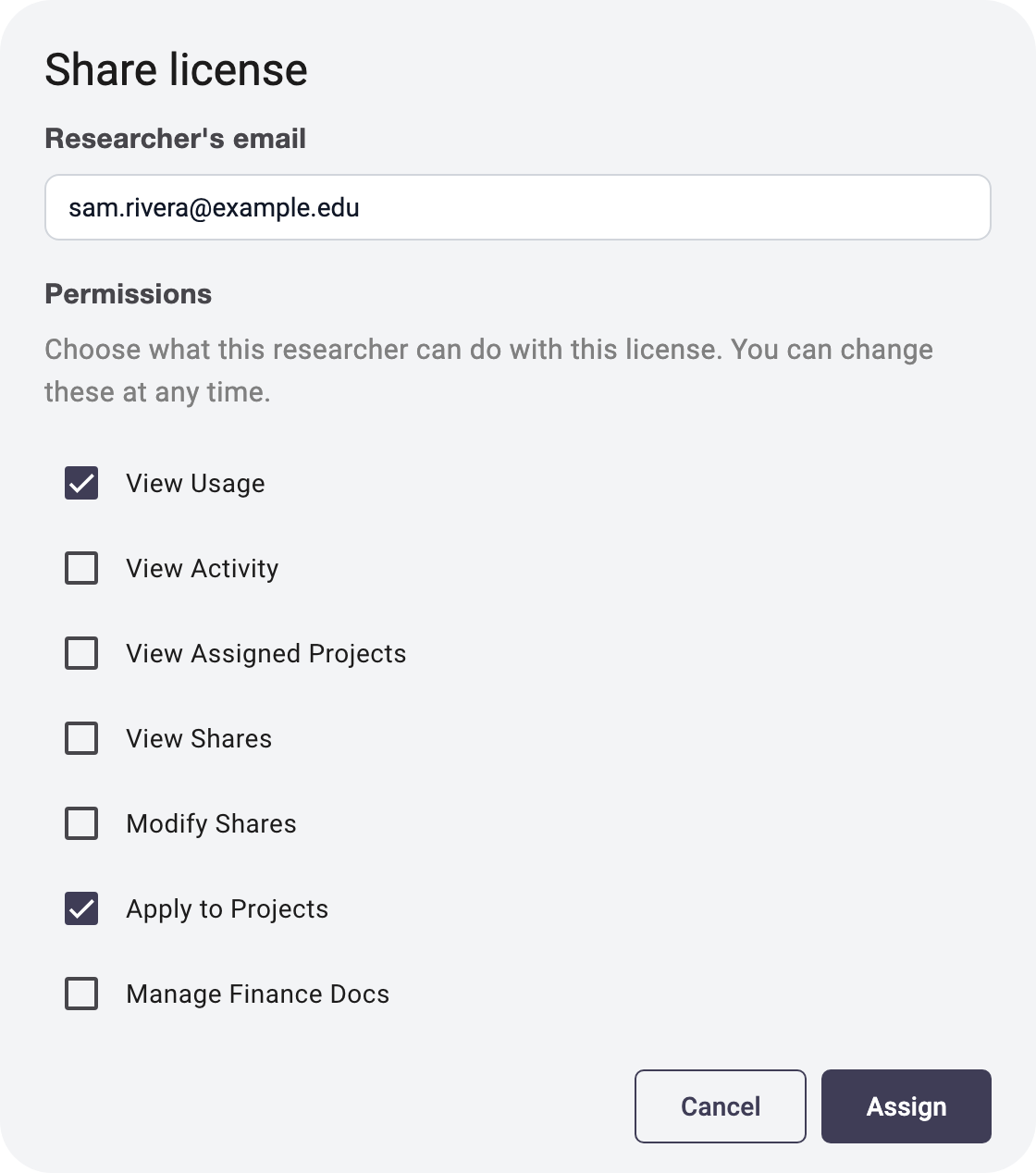 The Share license dialog with View Usage and Apply to Projects ticked