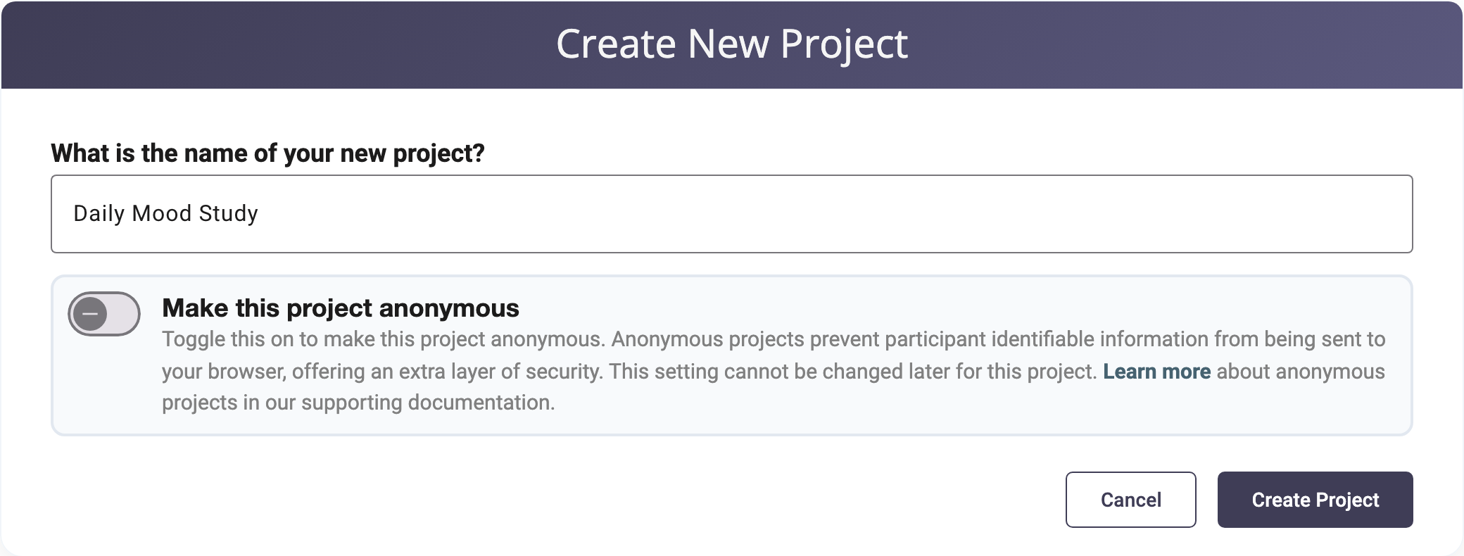 The Create New Project form with a project name entered