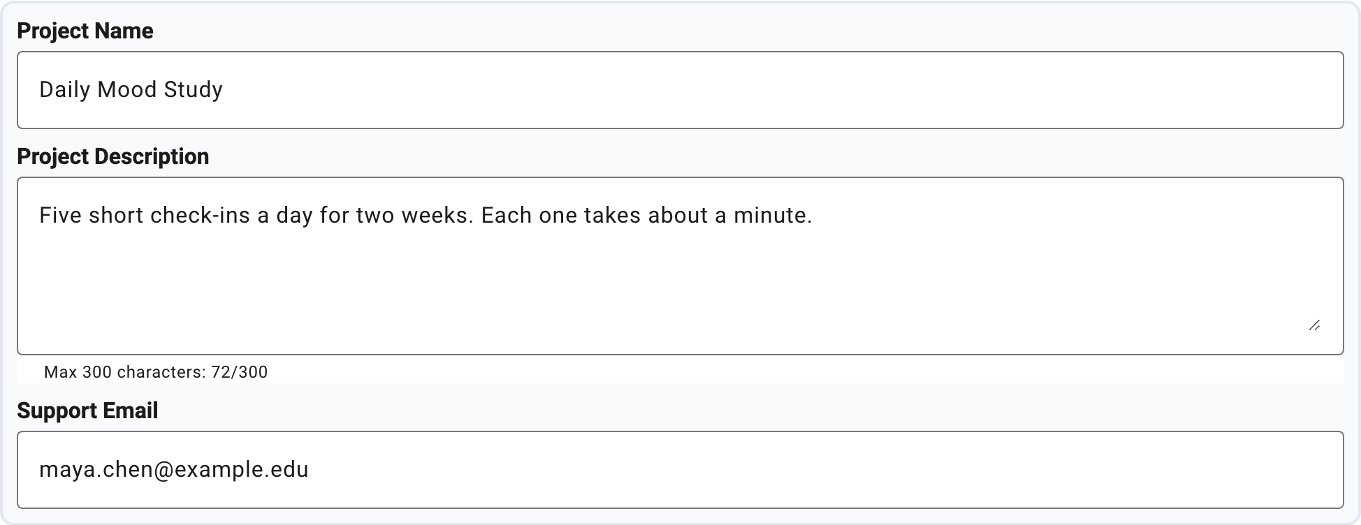 The Project Name, Project Description, and Support Email fields