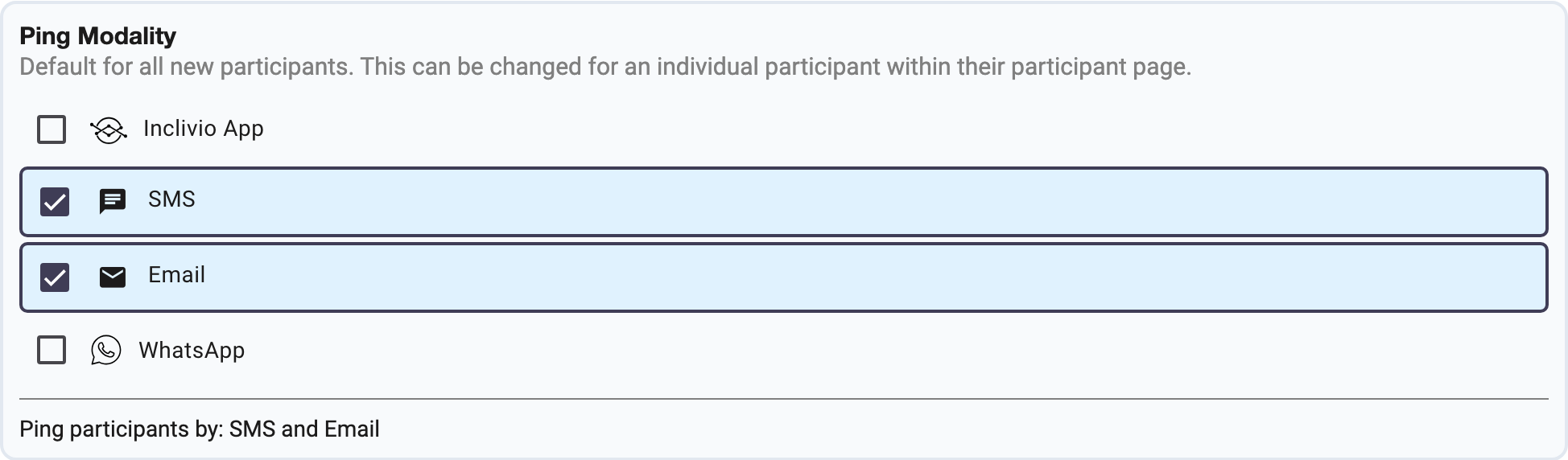 The Ping Modality setting with SMS and Email selected