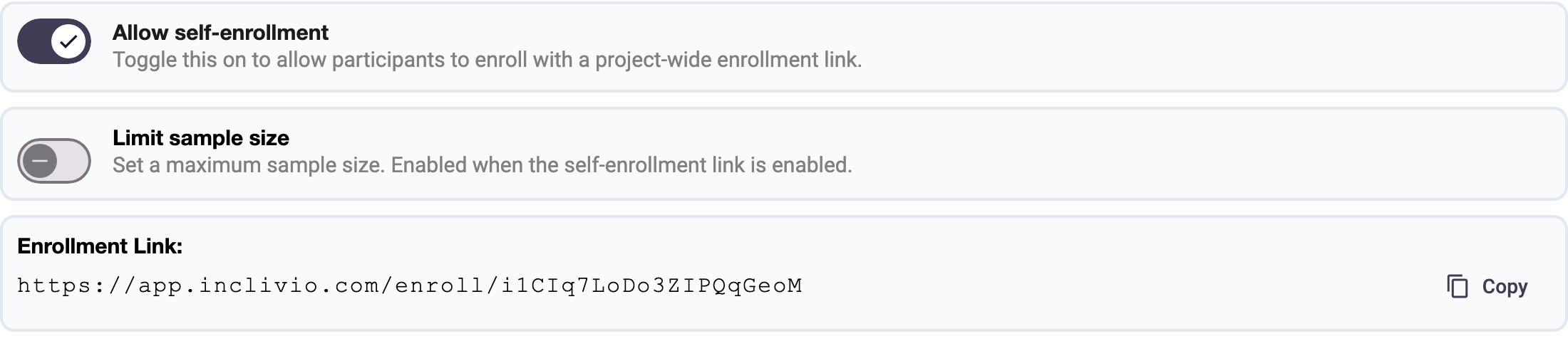 The Allow self-enrollment toggle switched on, with the project's enrollment link below