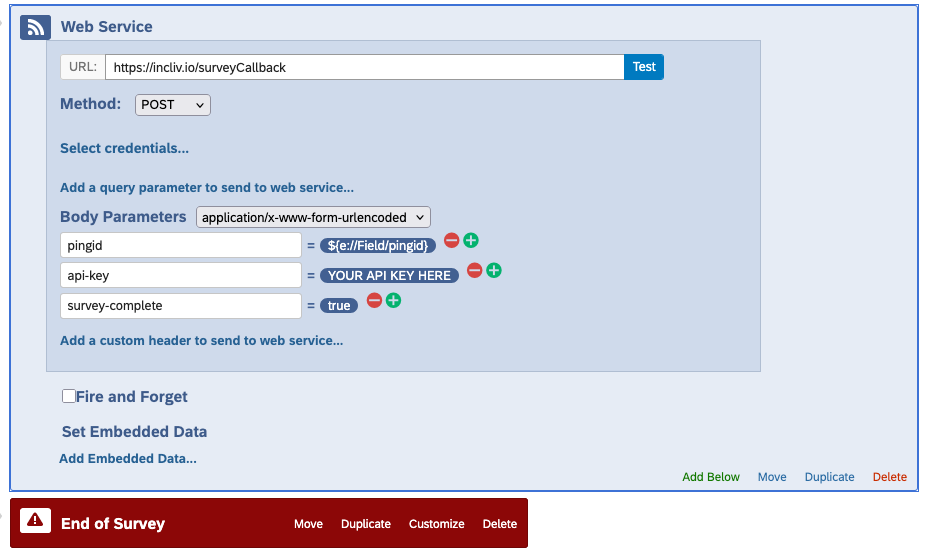 Qualtrics End of Survey block after the Survey Complete web service block