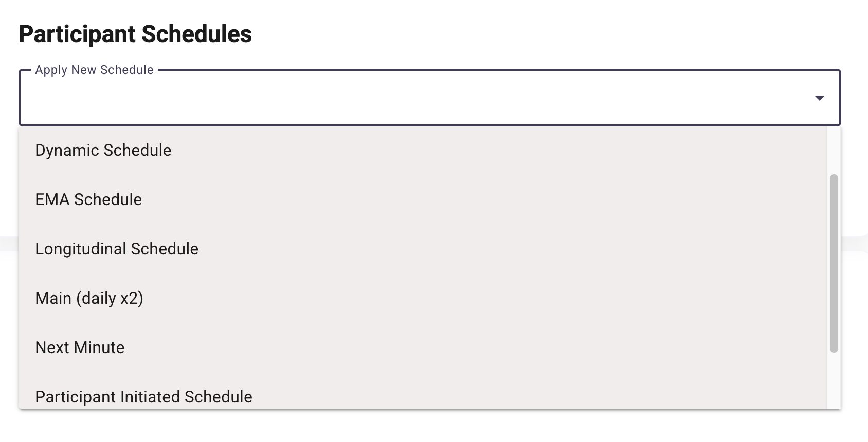 Screenshot of the schedule dropdown menu in the participant schedules tab