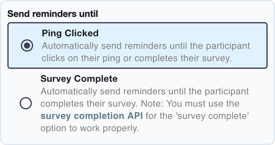 Dropdown menu showing options to stop reminders upon survey click or completion