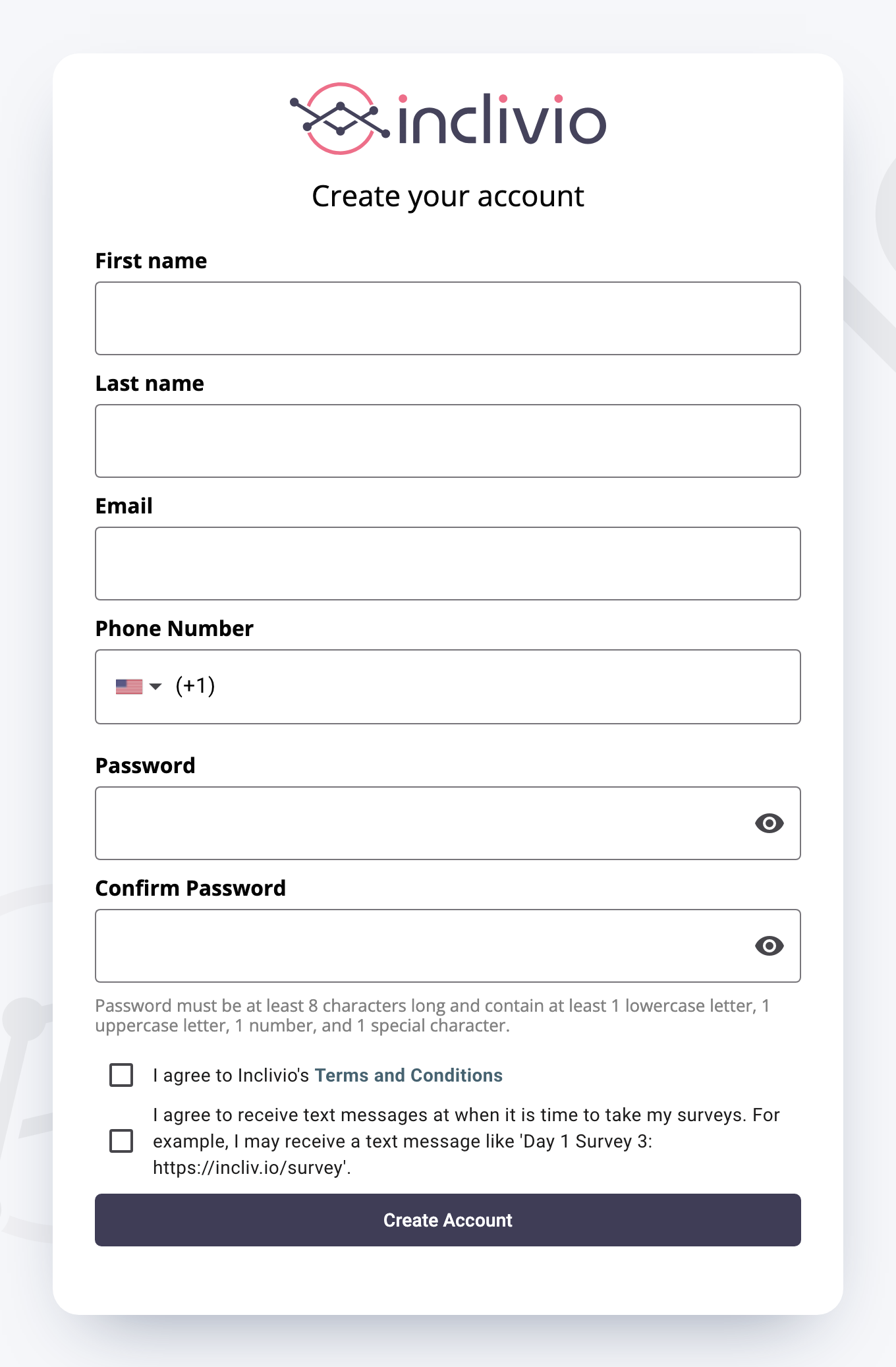 The participant Create your account form