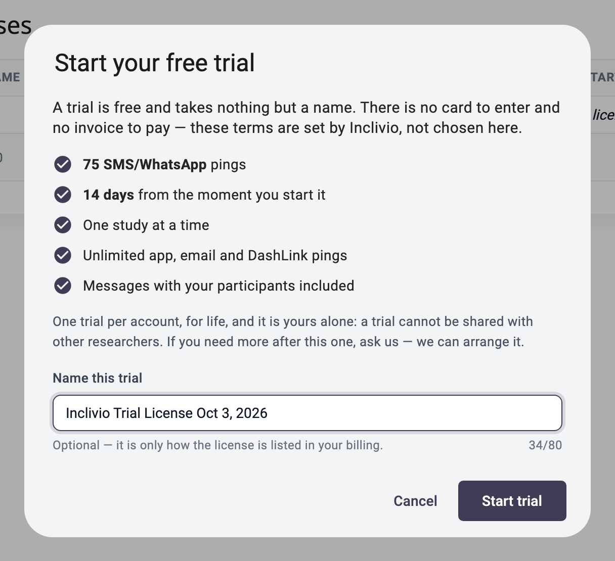 The Start your free trial dialog, showing the trial terms and a name field